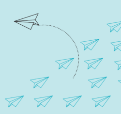 A group of identical illustrated paper airplanes one breaks the mold and flies to their own beat