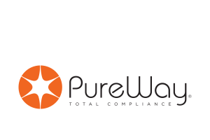 Pureway™ Total Compliance Logo – an burst in the center of an orange circle sits the left of rounded playful, approachable typography mimicking the round shape of the circle.