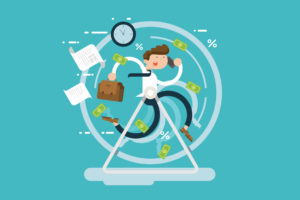 A man running on a hampster wheel indicating every minute of his life is hectic – money and business papers are flying around him, he's carrying a briefcase in one hand with his cellphone in his other, he is shouting into the cell-phone. The image is hectic and energetic.