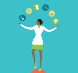Illustration of woman balancing all dental procedures by herself