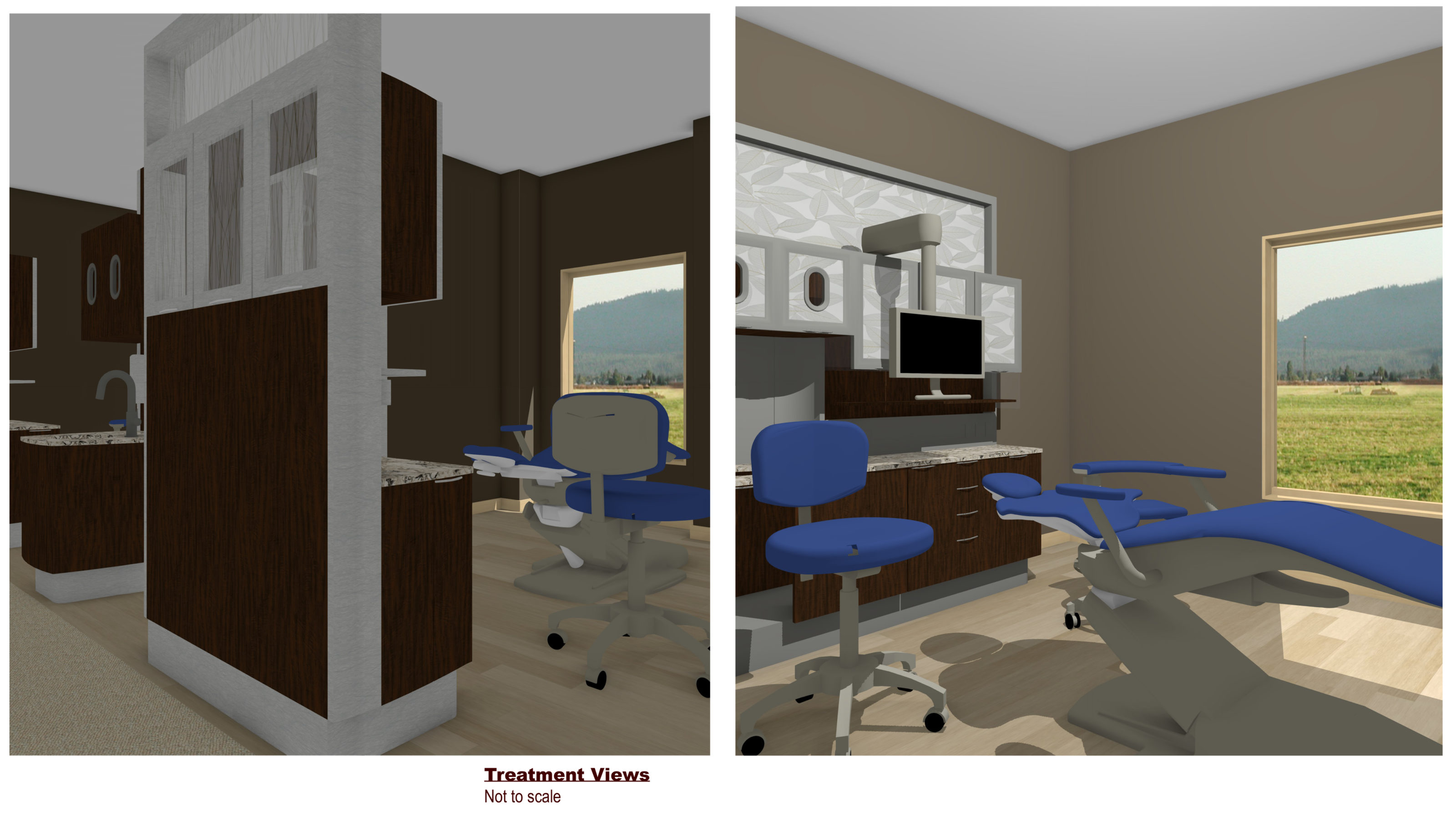 Taking a 3D office tour is always a fascinating opportunity. These two images are two stills from a dental practice walk-through. Both images show treatment views. Neither image is to scale but gives the potential recipient a taste of what their office could look like. 