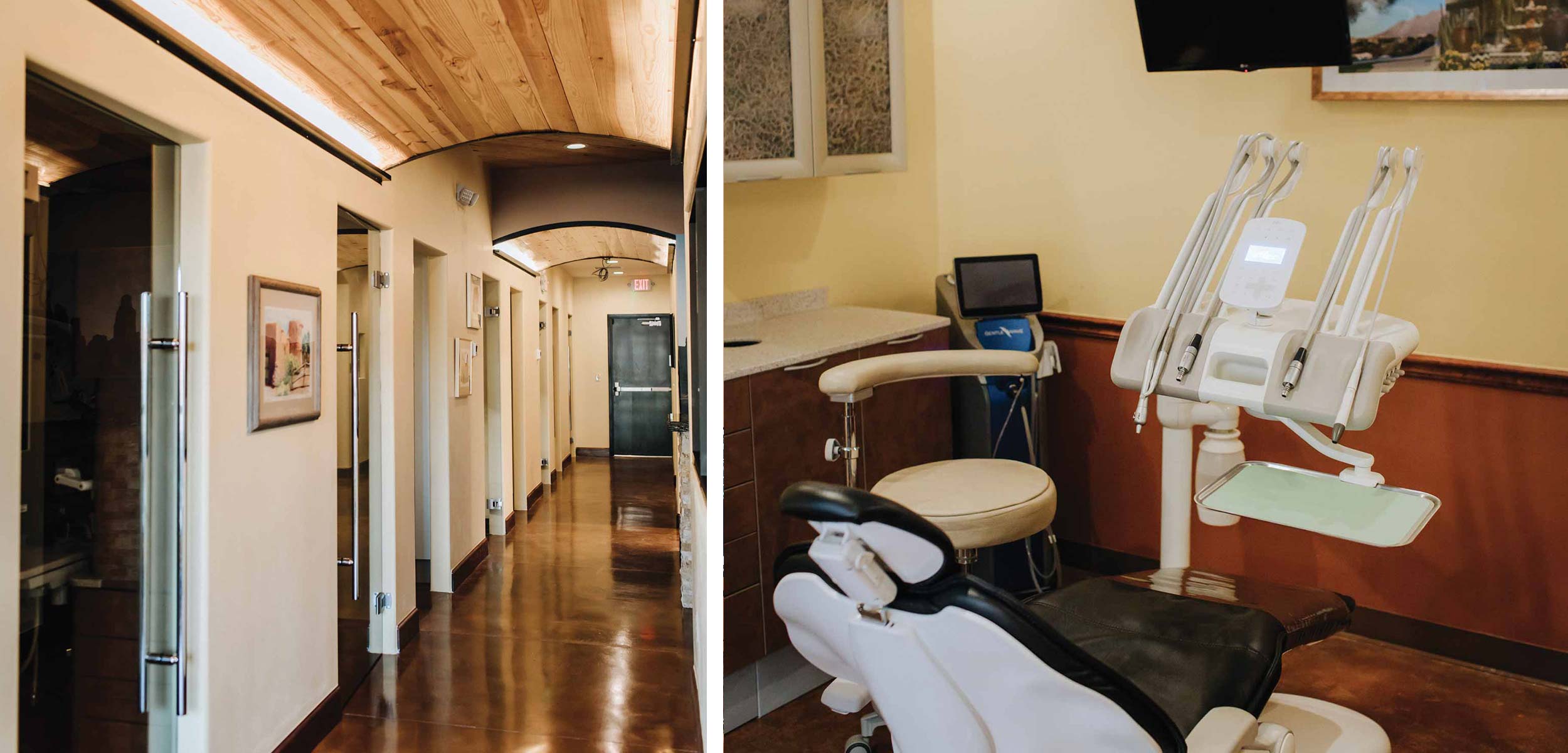 Left: Curved arches and warmly lit wood carry through the hallways as patients make their way to the operatory rooms. Right: Each operatory is complete with individual heating/cooling vents which run through the ventilation system. The paint colors seen throughout the practice are echoed in the operatories – clay on the ceilings, warm buttery yellow on the top part of the walls, and terra cotta below the wooden char rails.