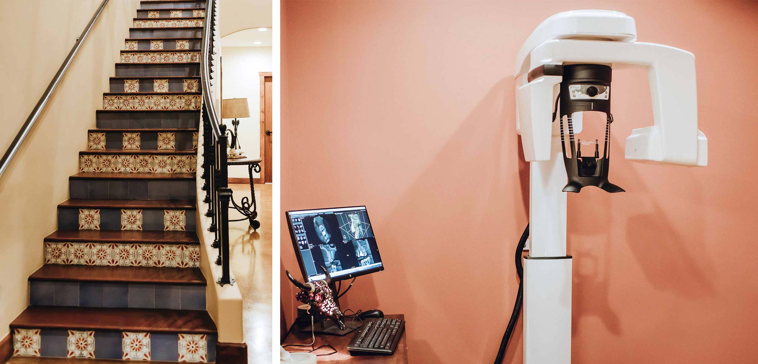 Left: Tile work reminiscent of Santa Fe, shown here on the stairs in worn blues with red and grey accents, compliments wrought iron details, like the railings to the second floor, throughout the office. Right: From the clay-colored walls to the animal skull lamp on the desk, no detail too small, even the Carestream CS 8100 is encompassed by the Santa Fe feeling.