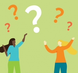 An illustration of four diverse people all turning different directions holding their arms up in the air in question. Question marks dance above their heads as if they have so many questions they just keep popping up. The background is a light green, the people and question marks are in varying bright colors.