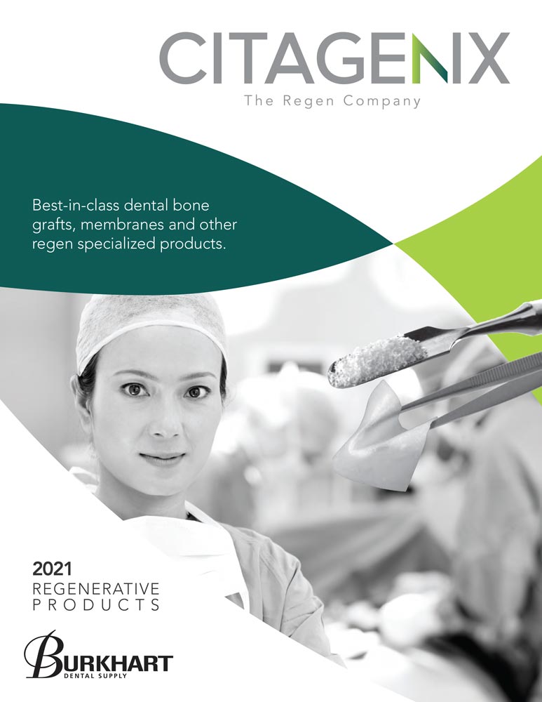 The cover of the Citagenix catalog featuring a high contrast black and white photo of a dental surgeon and grafting products. Bright splashes of lime and forest green from the Citagenix logo are echoed to frame the photo in graceful curves.