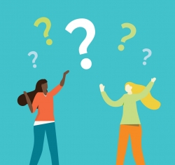 Frequently Requested Support comes from practices all over our territories. This illustration, set on a brightly colored teal background, features four people. Two men and two women representing different races and ages and areas of the practice all have their arms raised in the air full of questions. Question marks dot the sky above their heads.