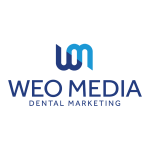 WEO Media – Dental Marketing Logo. A curly dark navy "W" morphs into a brighter "M." The organic icon sits above the copy "WEO MEDIA Dental Marketing."
