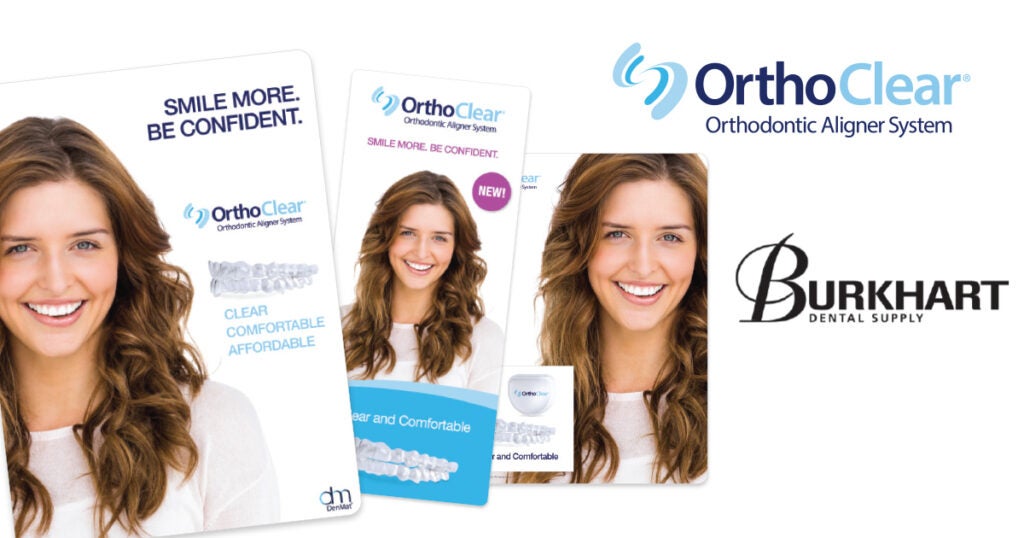Clear, Comfortable, Affordable – OrthoClear Orthodontic Aligner System from DenMat and Burkhart shown through a series of cards and a smiling woman. The product is placed on each card and the woman's bright shining straight smile.