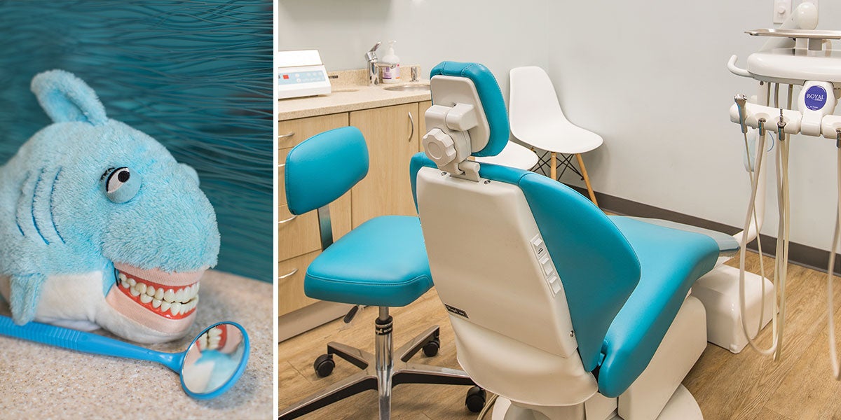 The colors – bright and playful – emphasized in the Bitesize Pediatric Logo, are carried throughout the practice. The upholstry on the operatory chairs shown here and in the grinning shark designed to teach children about brushing, continue the bright, child-friendly theme.