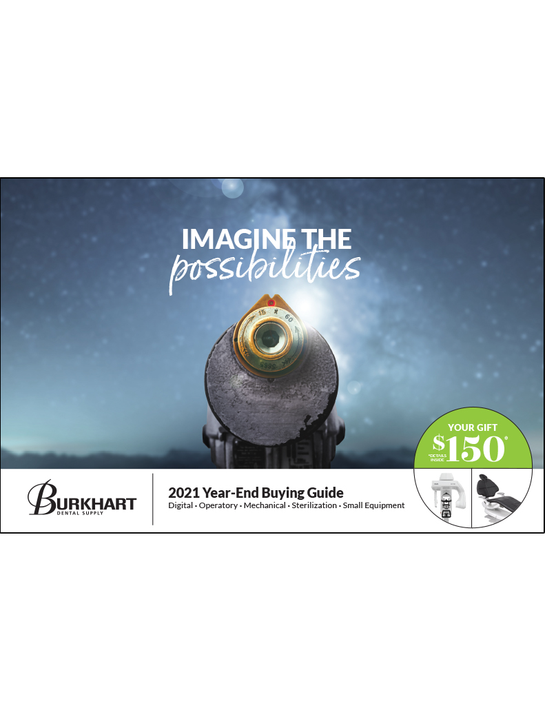 The 2021 Year-End Buying Guide is all about imagining the possibilities. The cover photo is a telescope in front of a night sky image showing the milky way. The cover of the publication is isolated on a white background.