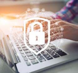 Cyber security depicted through a man's hands on a keyboard of a laptop. In the photo we see the sleeves of his red and blue plaid shirt. Superimposed over the image are graphics symbolizing the interconnectedness of our world behind a bold lock in a shield.