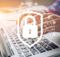 Cyber security depicted through a man's hands on a keyboard of a laptop. In the photo we see the sleeves of his red and blue plaid shirt. Superimposed over the image are graphics symbolizing the interconnectedness of our world behind a bold lock in a shield.