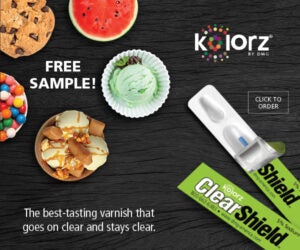 DMG July 2022 Banner Ads – Kolorz ClearShield Free Sample. The best-tasting varnish that goes on clear and stays clear.